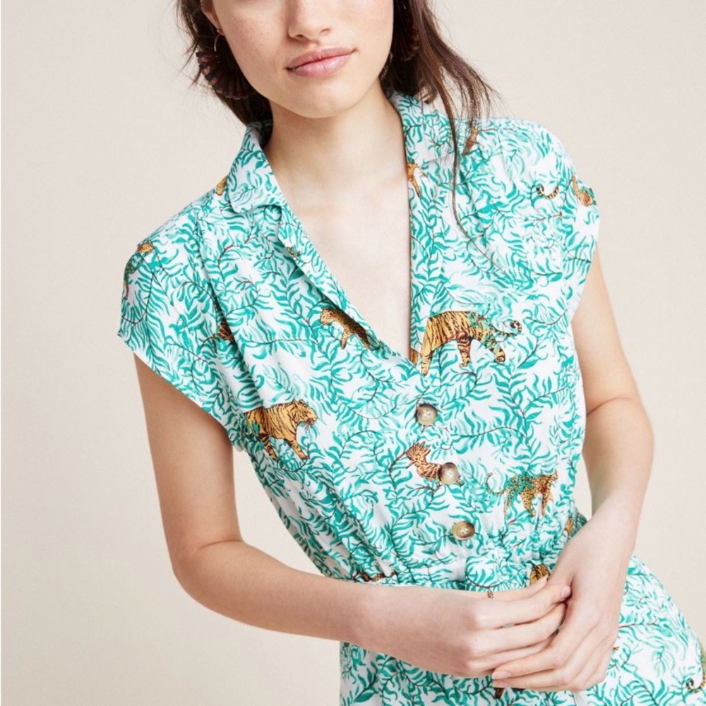 Maeve Teal and Gold Tiger Print Midi Dress - Picture 2 of 7